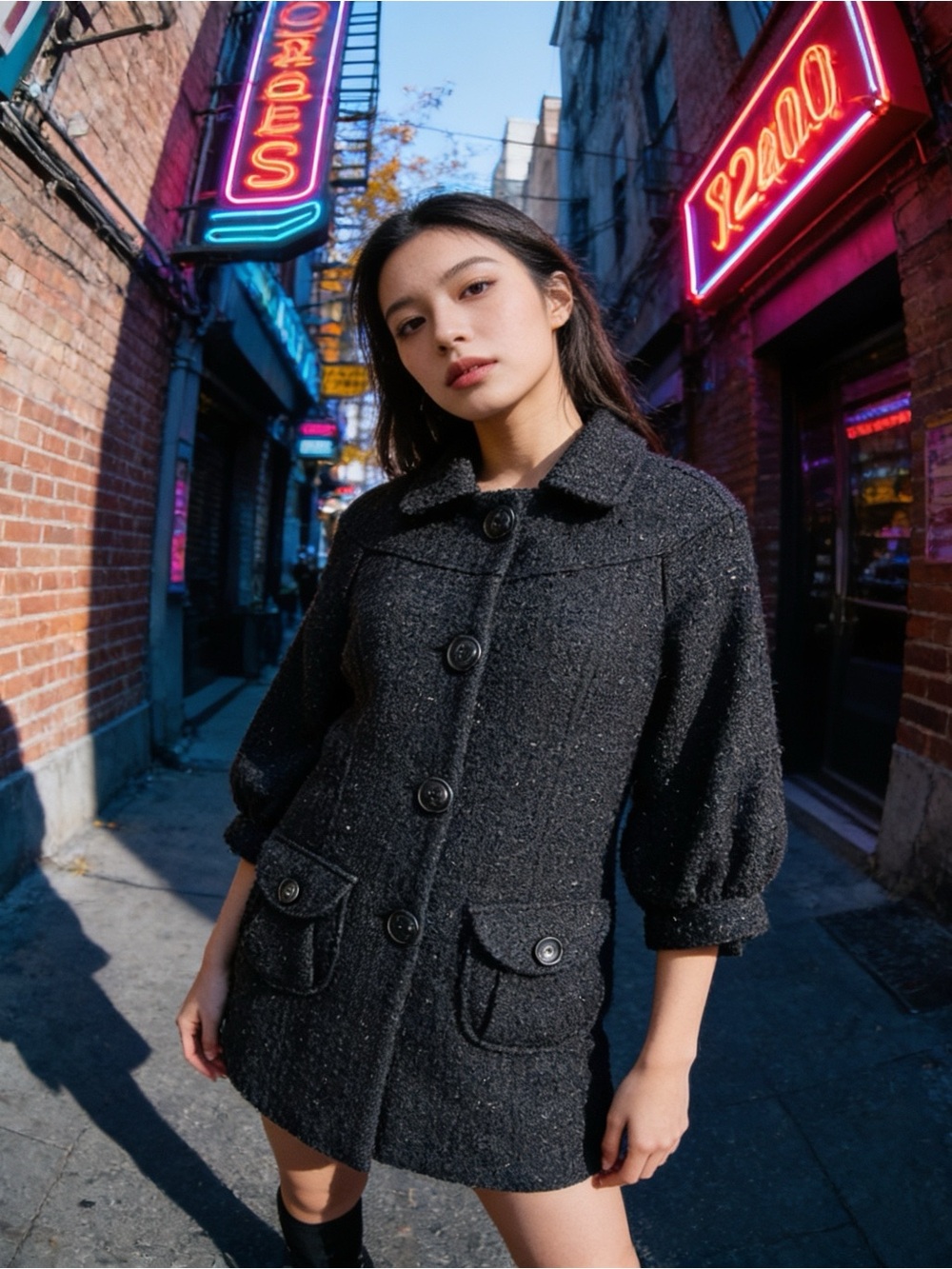 Guess Black Bouclé Button-Front Pea Coat